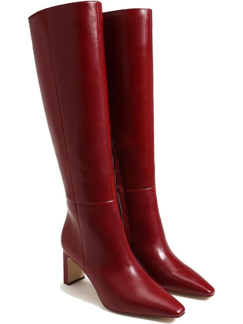 Women's Burgundy Chunky Block Heeled Side Zipper Tall Wide Calf Knee High Boots